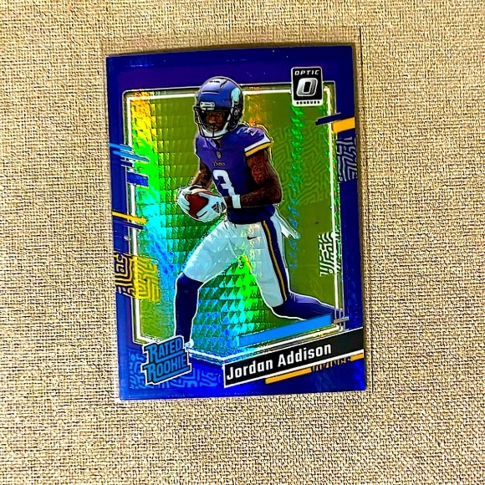 Jordan Addison Blue Hyper 2023 Panini Optic Donruss NFL Football Card Vikings